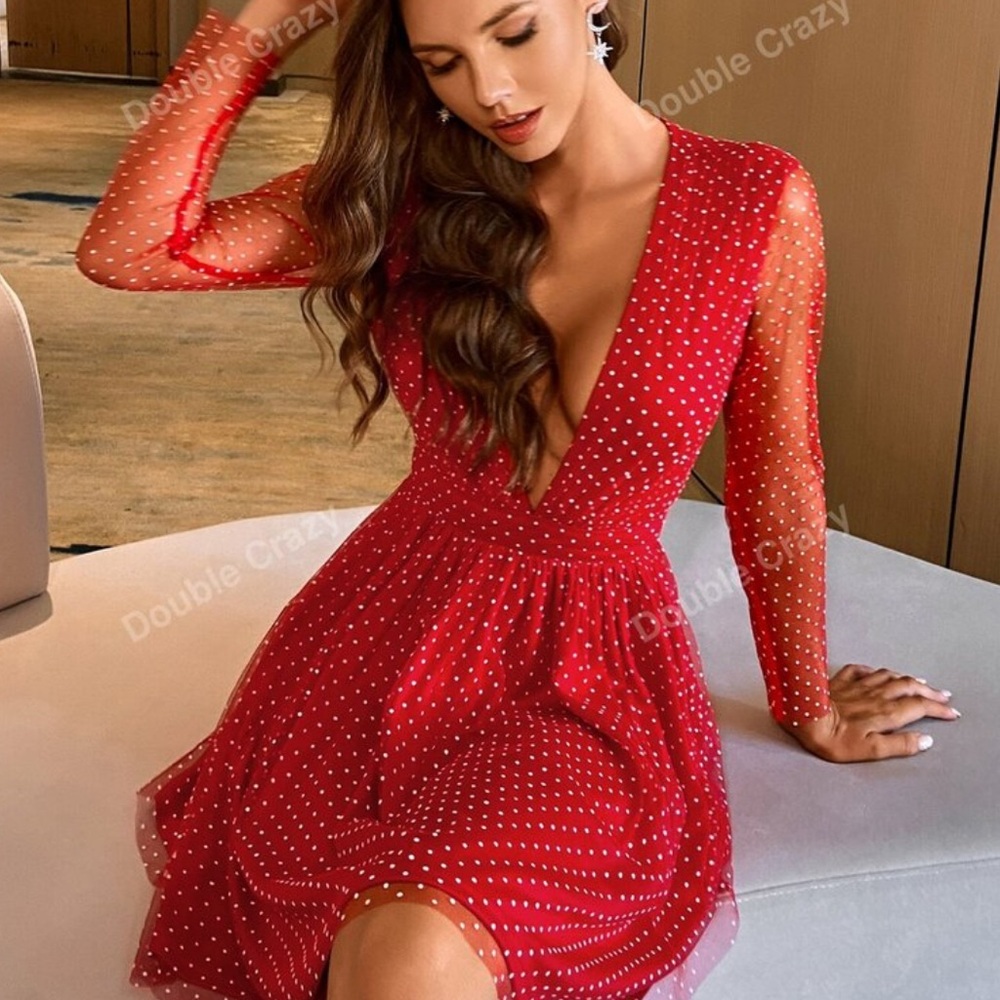 Double Crazy Chic Red Polka Dot Long Sleeve Dress